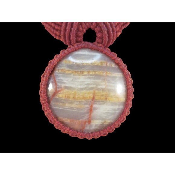 Handcrafted Burgundy Macrame Necklace with Natural Stone Pendant - Picture 4 of 11